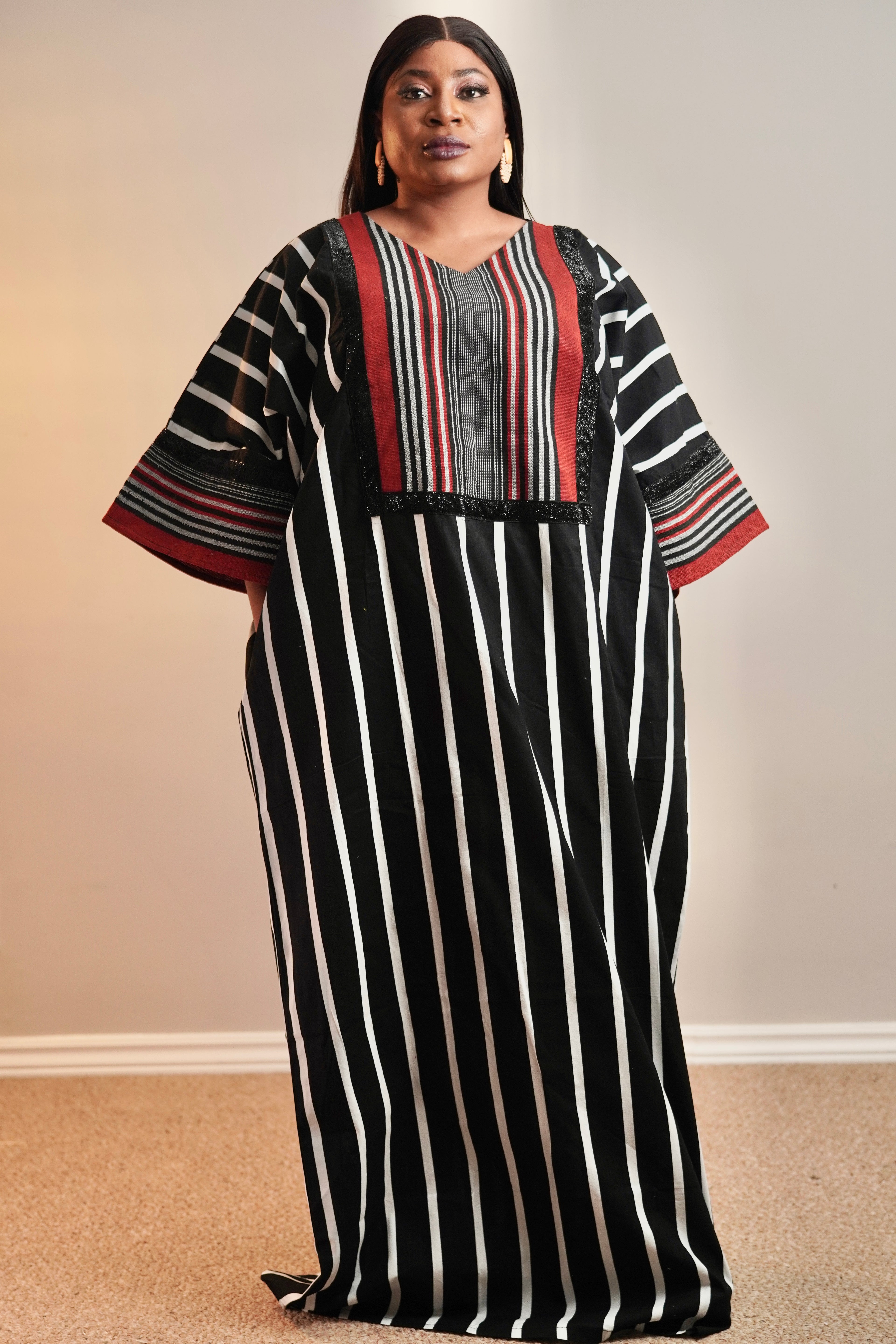 Stunning African bubu print black and white with touch of red asoke