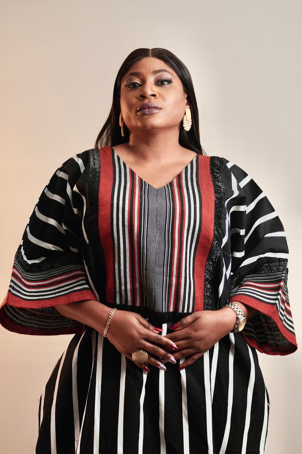 Stunning African bubu print black and white with touch of red asoke